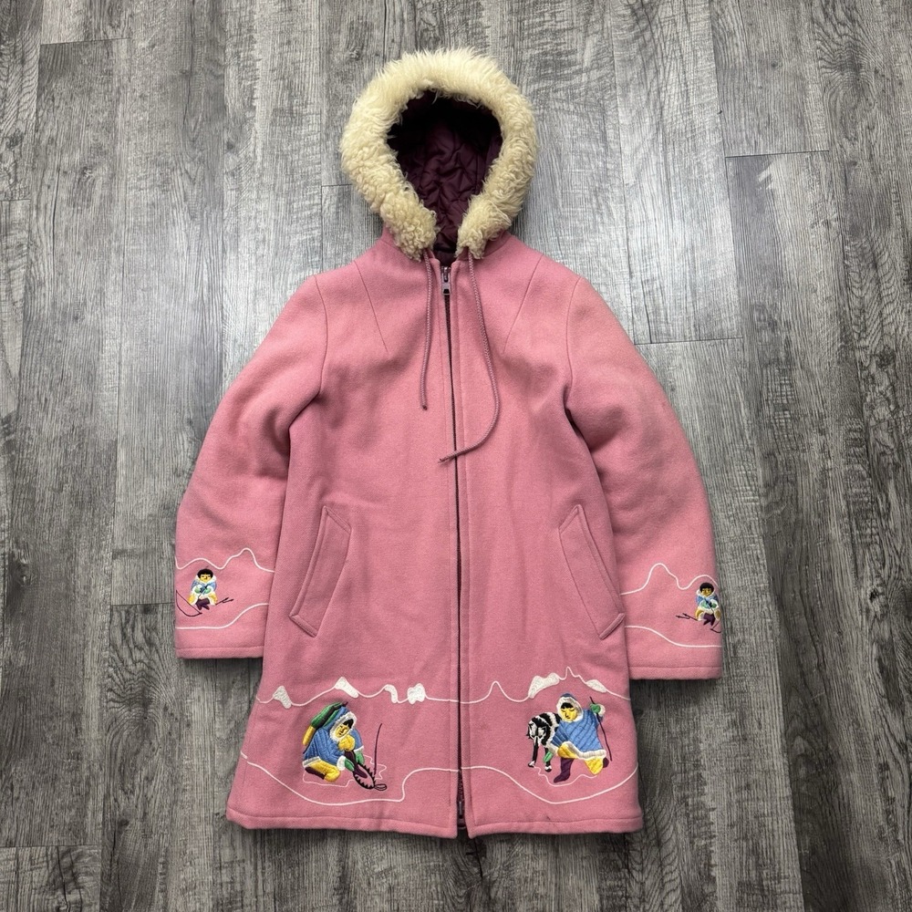 Vintage Northern Sun Alaska Arctic Inuit Embroidered Wool Coat Jacket Pink Sz S